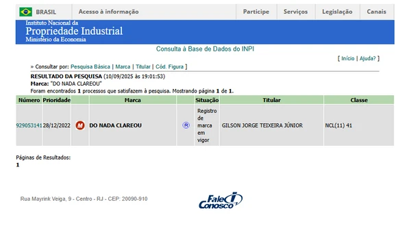 Registro da marca de "Do Nada Clareou" por Reprodução 