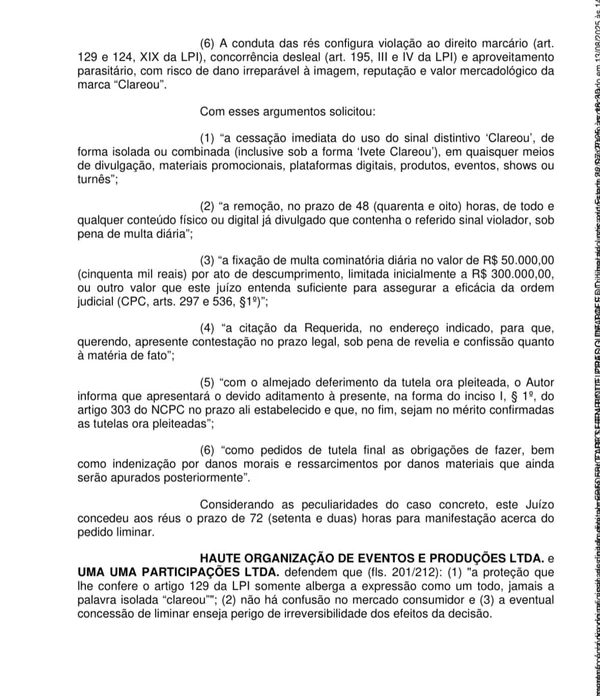 Trecho da decisão em primeira instância Grupo Clareou X Ivete por Captura de Tela / TJSP