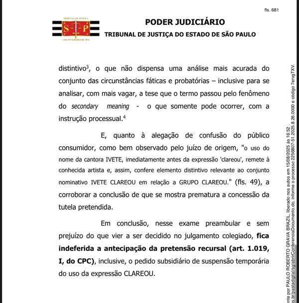 Trecho da decisão em segunda instância Grupo Clareou X Ivete por Captura de Tela / TJSP