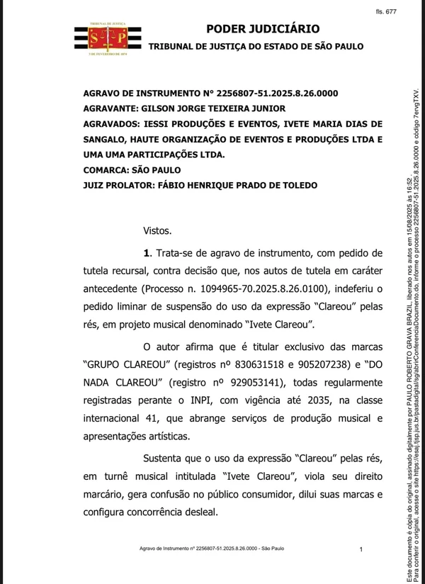 Trecho da decisão em segunda instância Grupo Clareou X Ivete por Captura de Tela / TJSP