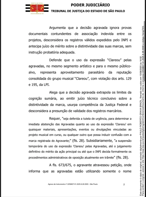 Trecho da decisão em segunda instância Grupo Clareou X Ivete por Captura de Tela / TJSP
