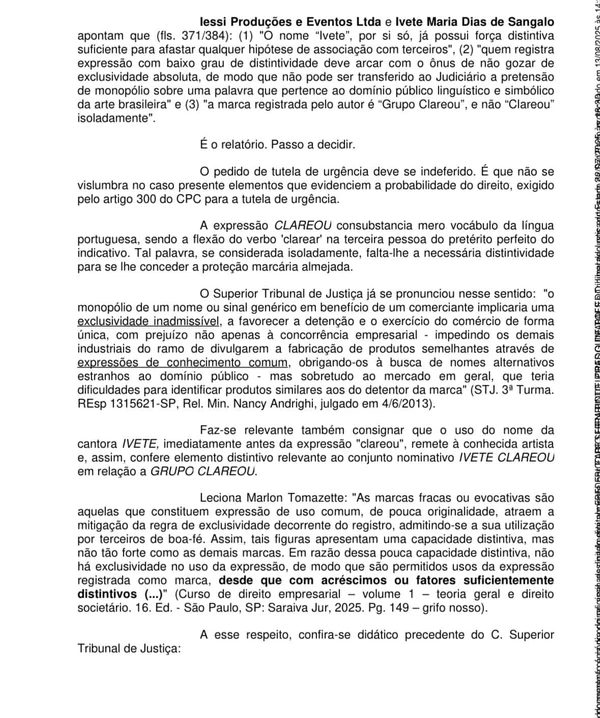 Trecho da decisão em segunda instância Grupo Clareou X Ivete por Captura de Tela / TJSP