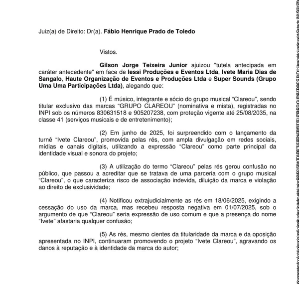 Trecho da decisão em segunda instância Grupo Clareou X Ivete por Captura de Tela / TJSP