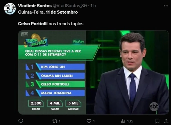 Brincadeira que nasceu no Facebook fez com que o apresentador do Domingo Legal fosse relacionado aos ataques às Torres Gêmeas em Nova York anualmente por Reprodução/Redes sociais