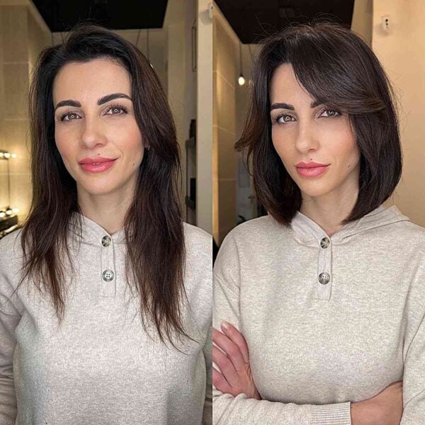 Long bob em camadas com franja cortininha por Reprodução/Instagram