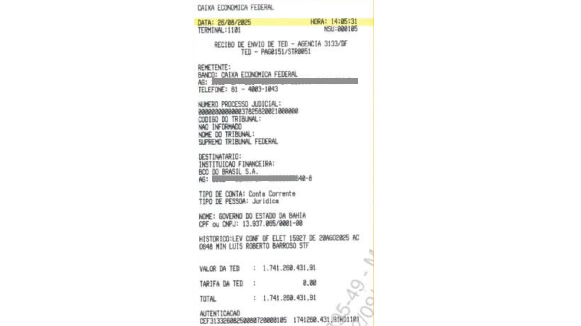 Comprovante de transferência para pagamento de precatórios por Reprodução