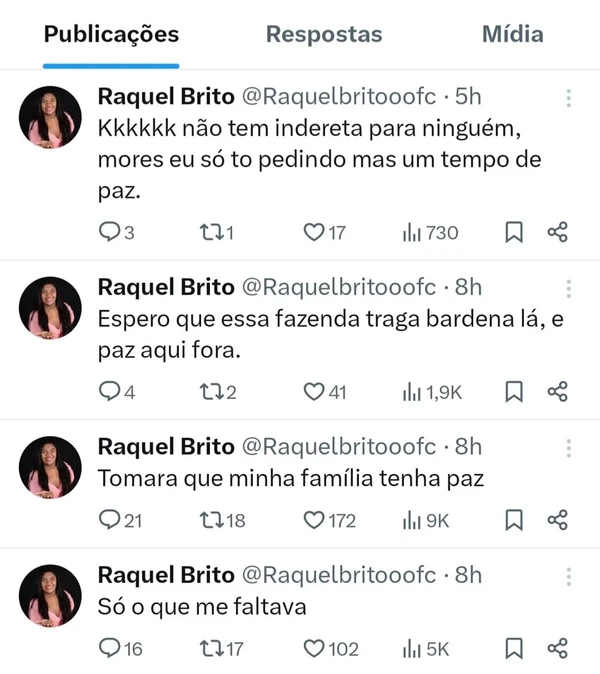 Postagens de Raquel Brito após a entrada de Tàmires Assîs em A Fazenda 17 por Reprodução