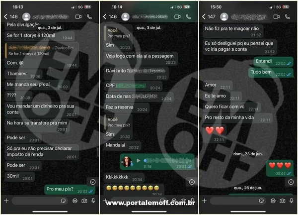 Prints que fazem parte do processo aberto por Tàmires Assîs contra Davi Brito por Reprodução