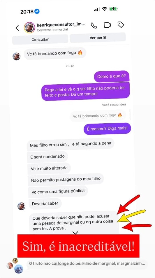 Além de pedir para que ela parasse de postar fotos do filho, Henrique também fez ameaças por Reprodução