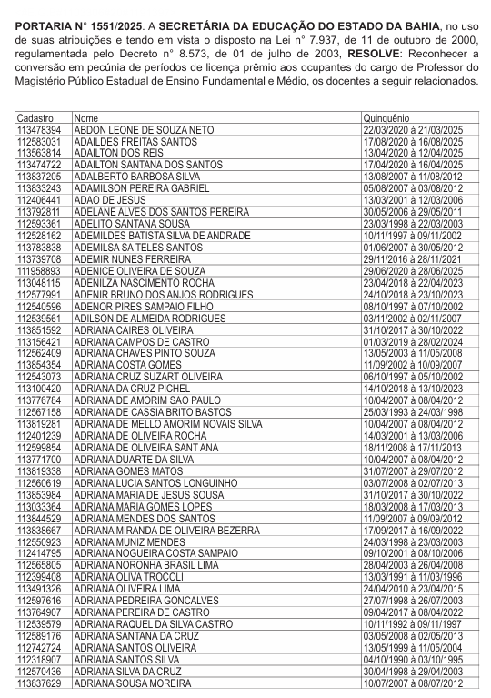 Lista de professores que receberão licenças-prêmios por Reprodução/DOE
