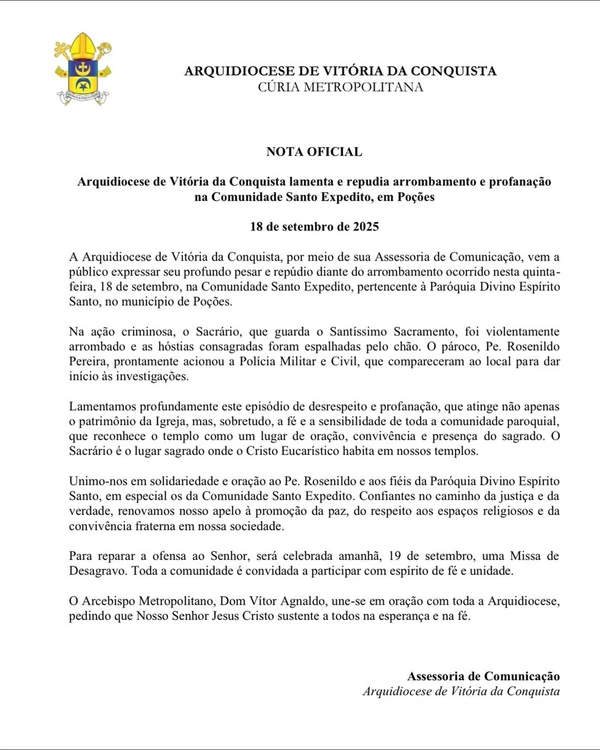 NArquidiocese de Vitória da Conquista por Reprodução/Redes sociais