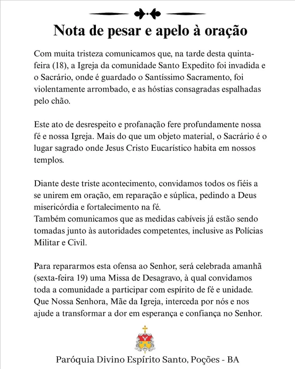 Nota da paróquia por Reprodução/Redes sociais