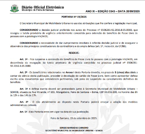 Portaria publicada no Diário Oficial de Feira de Santana suspende benefício a pacientes  por Captura de tela 