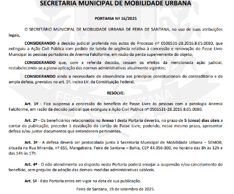Portaria publicada no Diário Oficial de Feira de Santana suspende benefício a pacientes  por Captura de tela 
