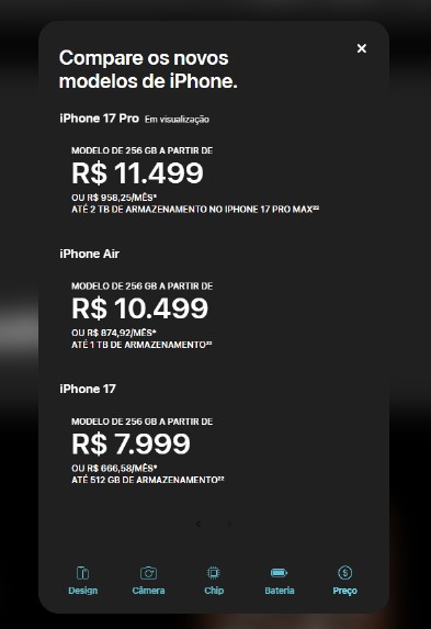 Confira modelos do Iphone 17  por Apple 