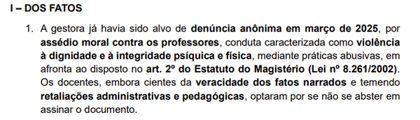 Denúncias apresentadas  por professores do Colégio Duque de Caxias por Reprodução