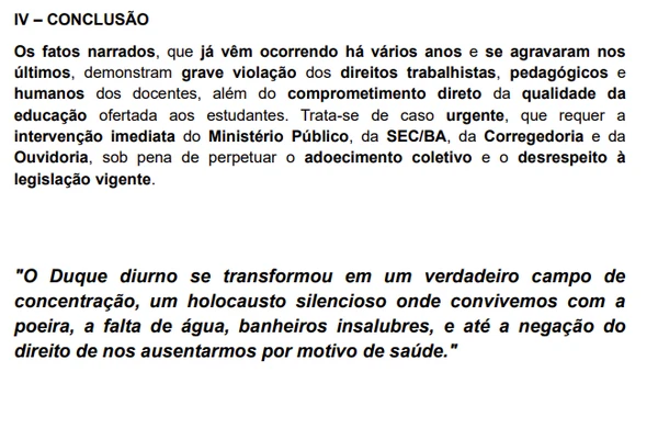 Denúncias apresentadas  por professores do Colégio Duque de Caxias por Reprodução