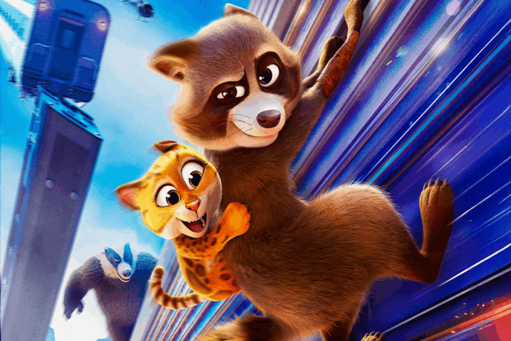 Em &#8220;Missão Pet&#8221;, o guaxinim astuto Falcon precisa liderar seus novos amigos contra o vilão Hans (Imagem: Reprodução digital | Paris Filmes)