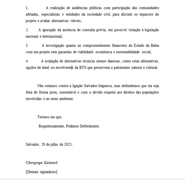 Estudo e requerimento do Cibergrupo Kirimurê contra a Ponte Salvador-Itaparica por Reprodução