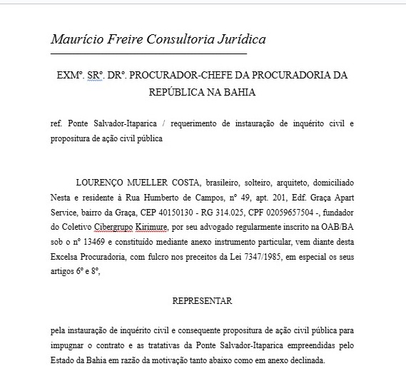 Estudo e requerimento do Cibergrupo Kirimurê contra a Ponte Salvador-Itaparica por Reprodução