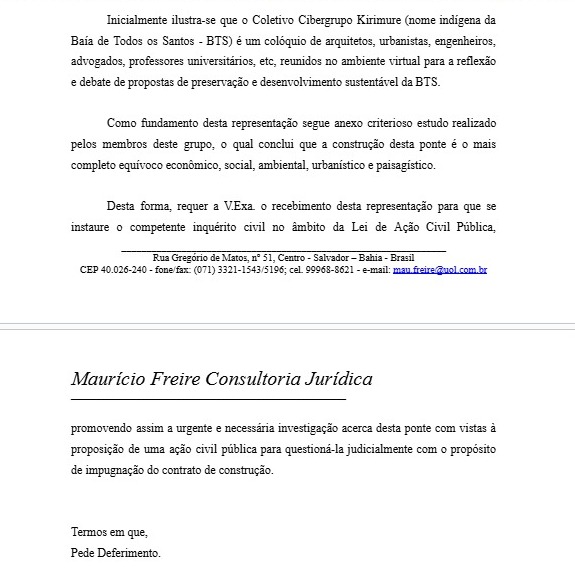 Estudo e requerimento do Cibergrupo Kirimurê contra a Ponte Salvador-Itaparica por Reprodução