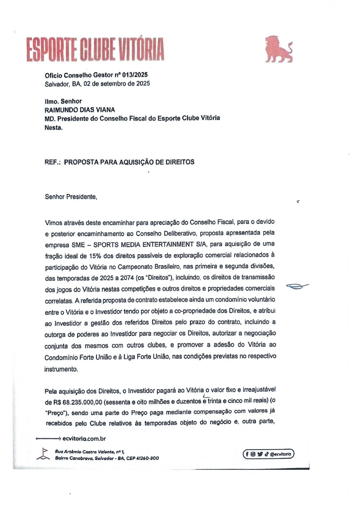 Ata da Reunião Extraordinária do Conselho Deliberativo do E.C. Vitória(11/09/25) por Reprodução