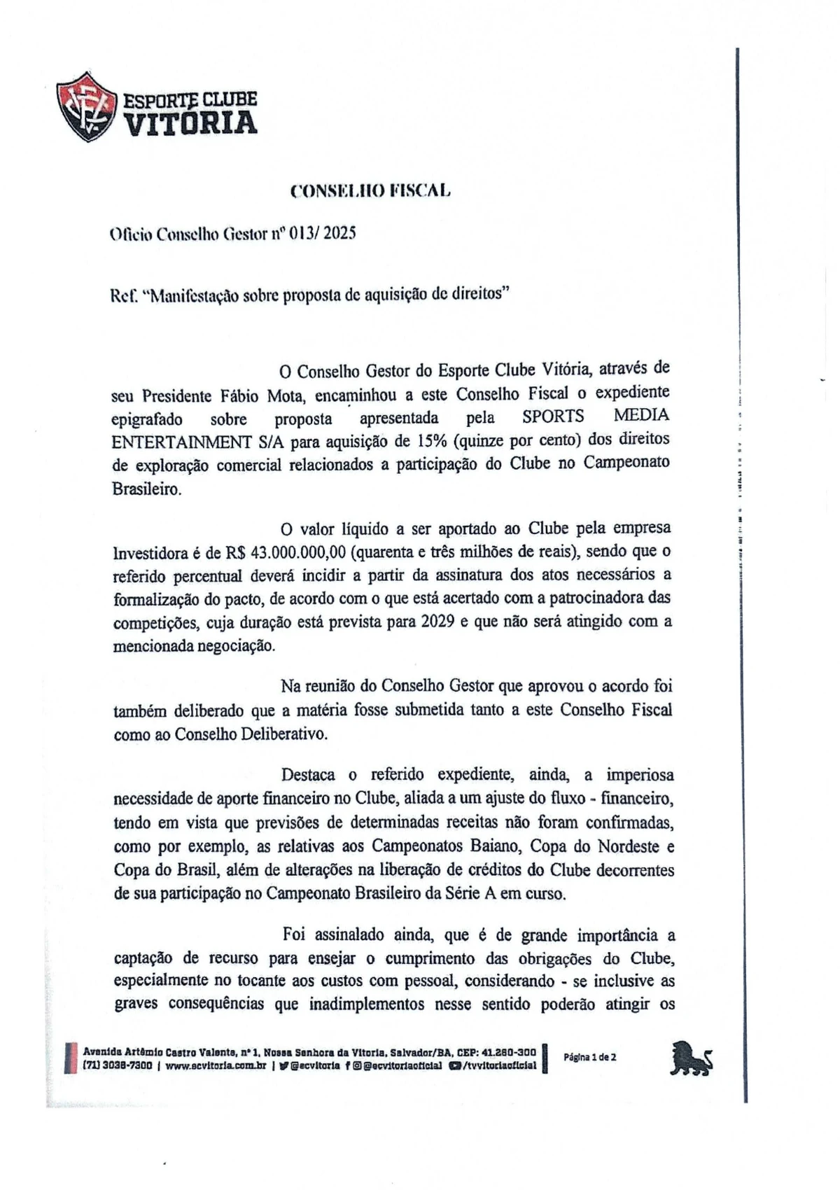 Ata da Reunião Extraordinária do Conselho Deliberativo do E.C. Vitória(11/09/25) por Reprodução