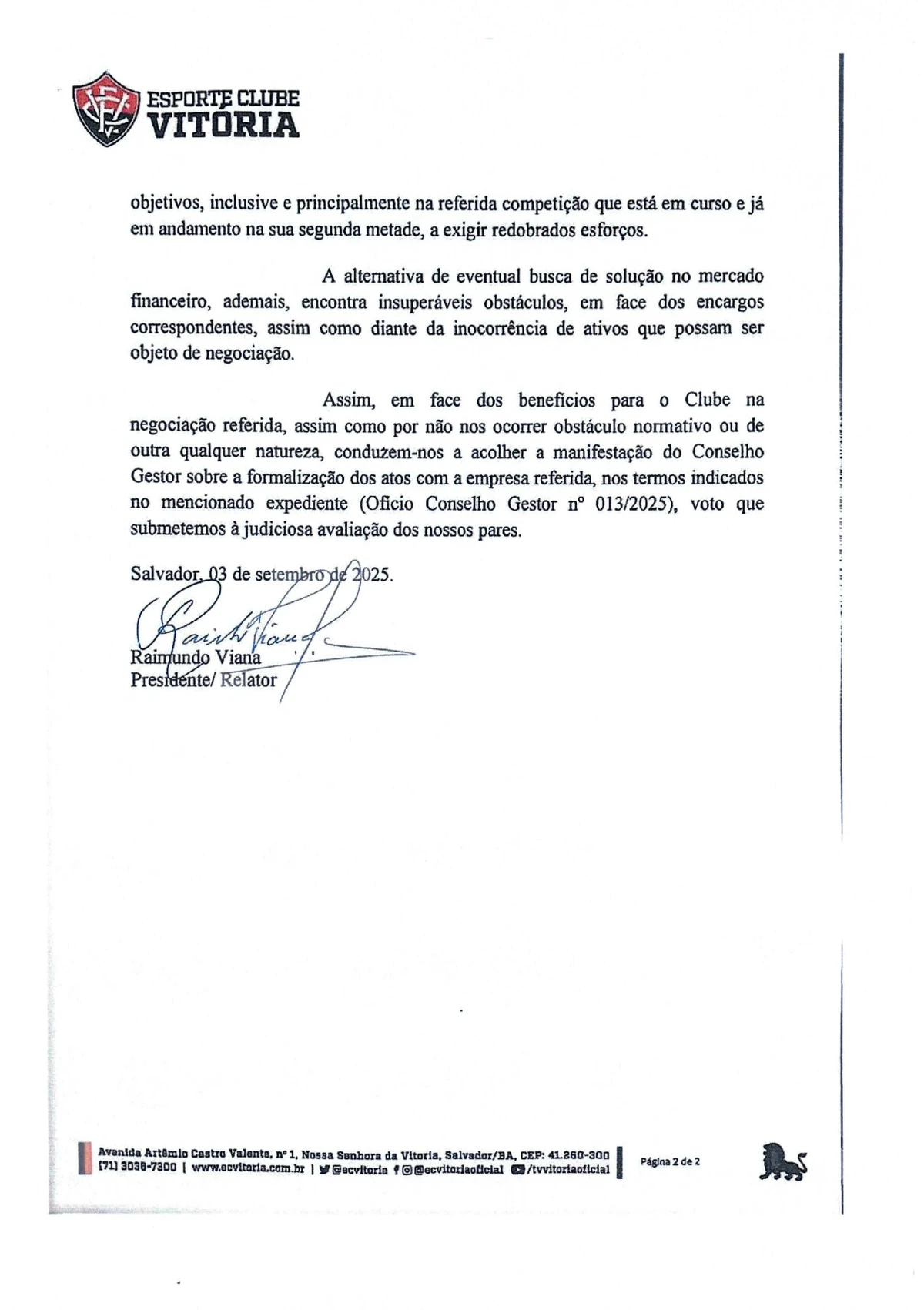 Ata da Reunião Extraordinária do Conselho Deliberativo do E.C. Vitória(11/09/25) por Reprodução