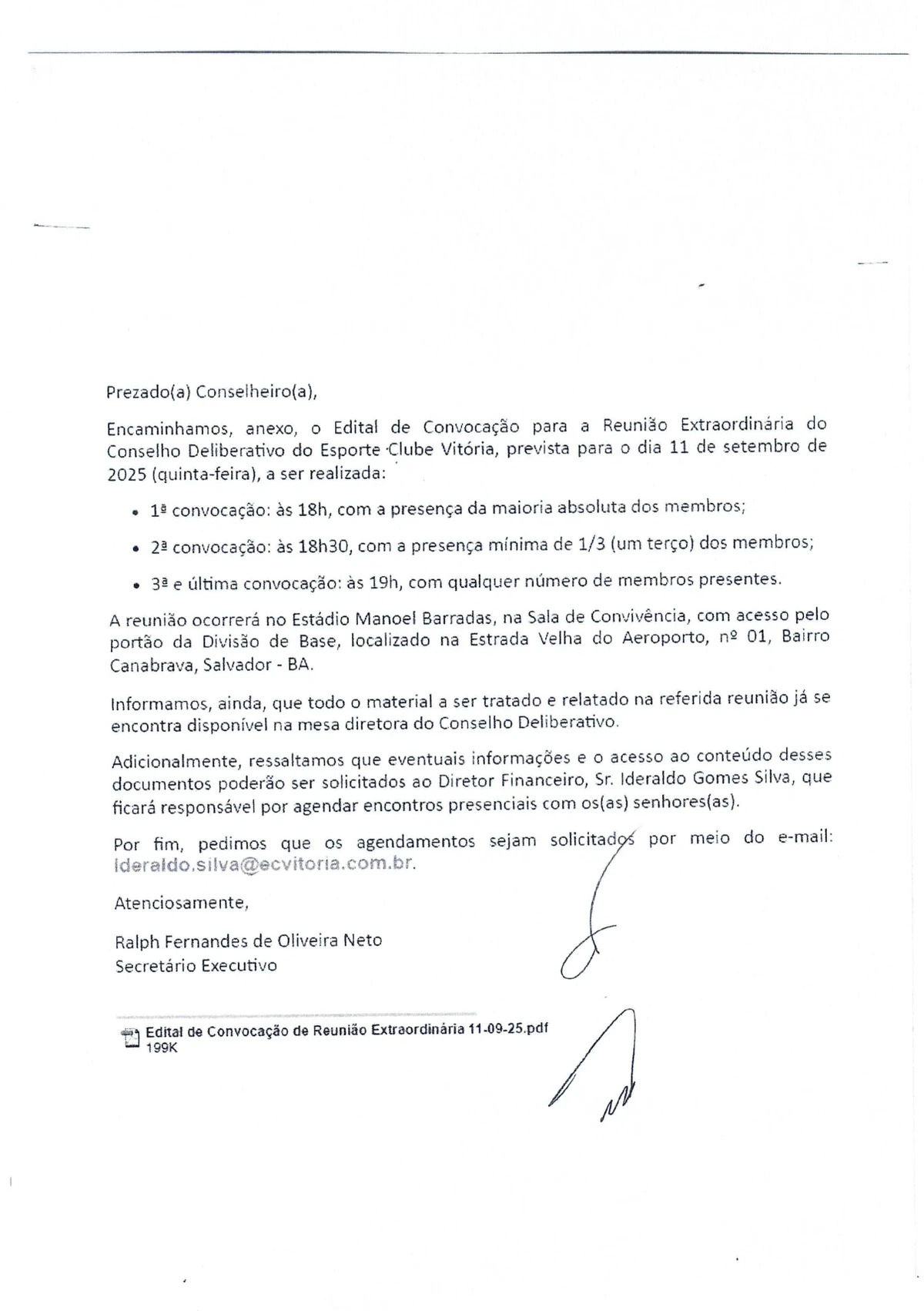 Ata da Reunião Extraordinária do Conselho Deliberativo do E.C. Vitória(11/09/25) por Reprodução