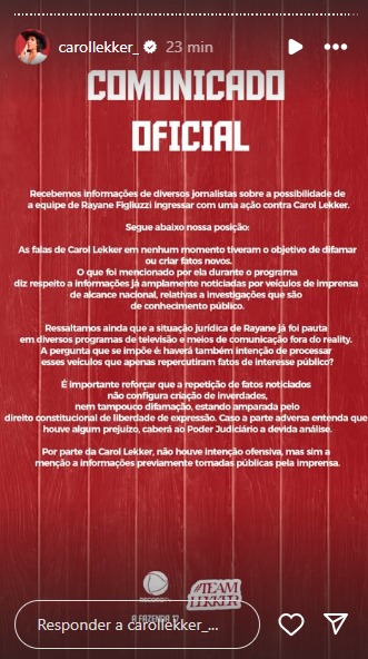 Equipe jurídica de Carol Lekker também se posicionou nas redes sociais contra Rayane Figliuzzi por Reprodução/Redes Sociais