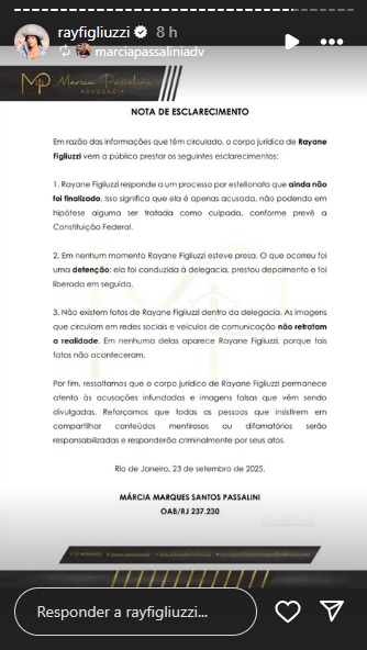 Equipe jurídica de Rayane Figliuzzi se posicionou nas redes sociais contra Miss Bumbum Carol Lekker por Reprodução/Redes Sociais
