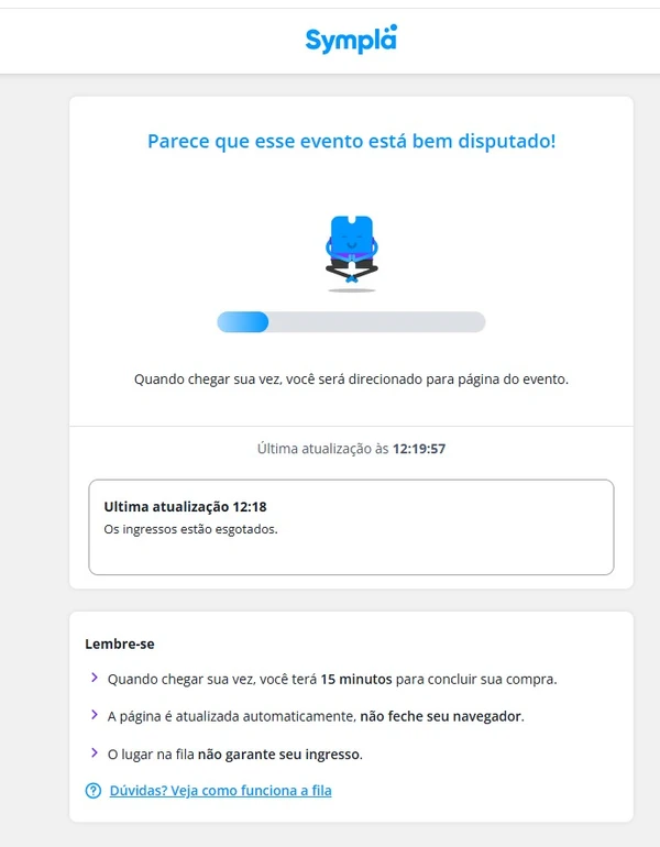Página da Sympla mostrando fila com ingressos já esgotados