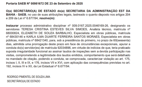 Secretário determina abertura de processo administrativo contra servidor