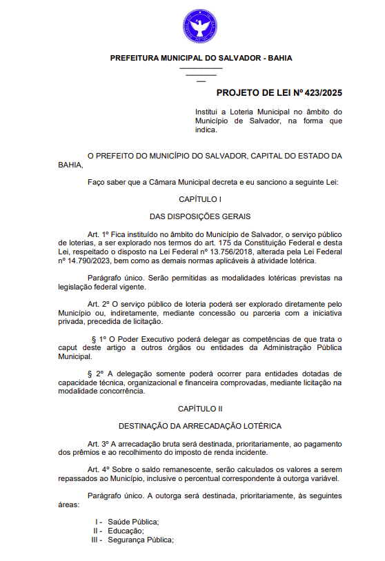 Projeto de loteria municipal em Salvador por Reprodução