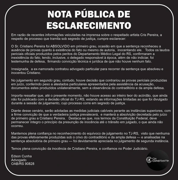 Veja o que diz a defesa do humorista Cris Pereira por Reprodução/ Instagram