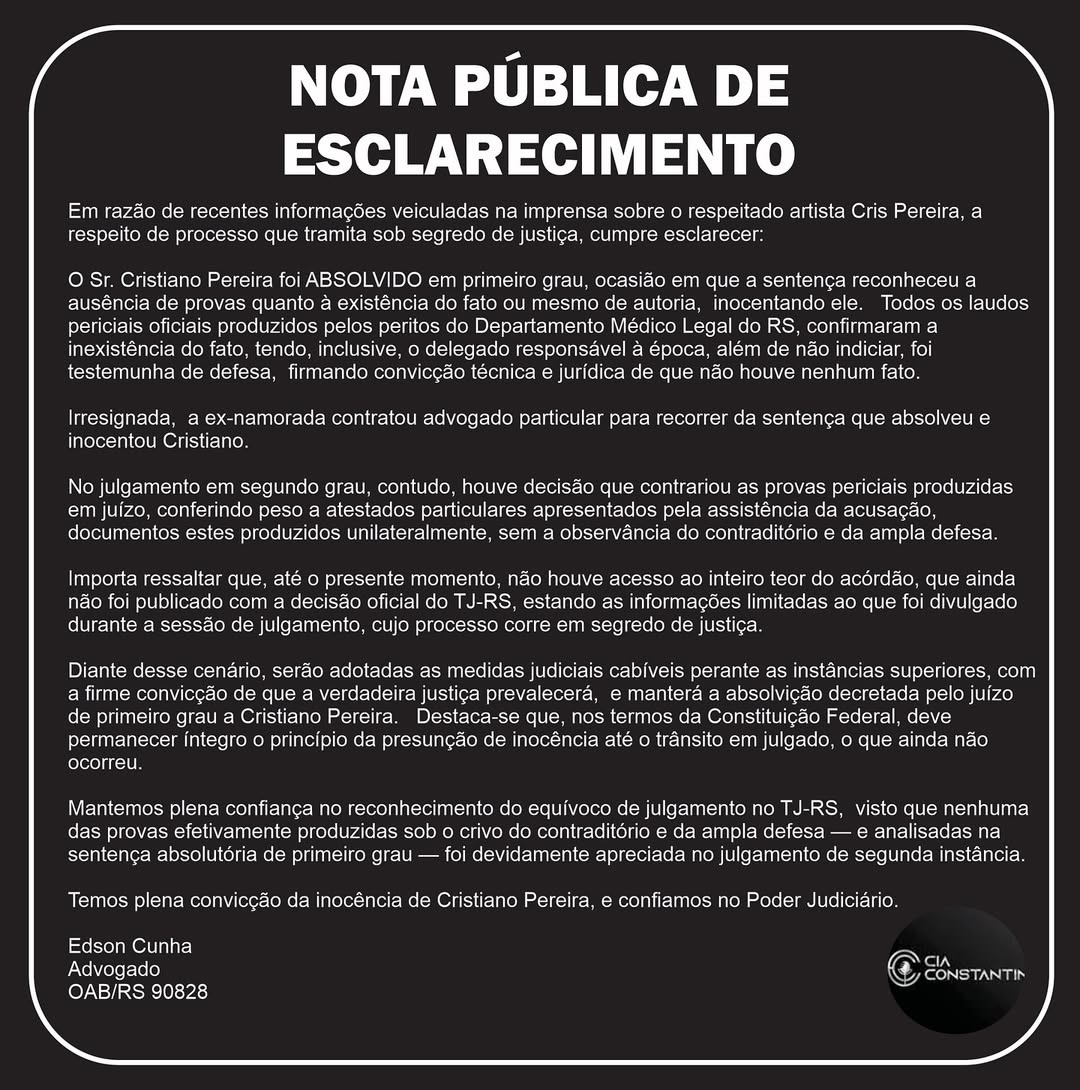Veja o que diz a defesa do humorista Cris Pereira por Reprodução/ Instagram
