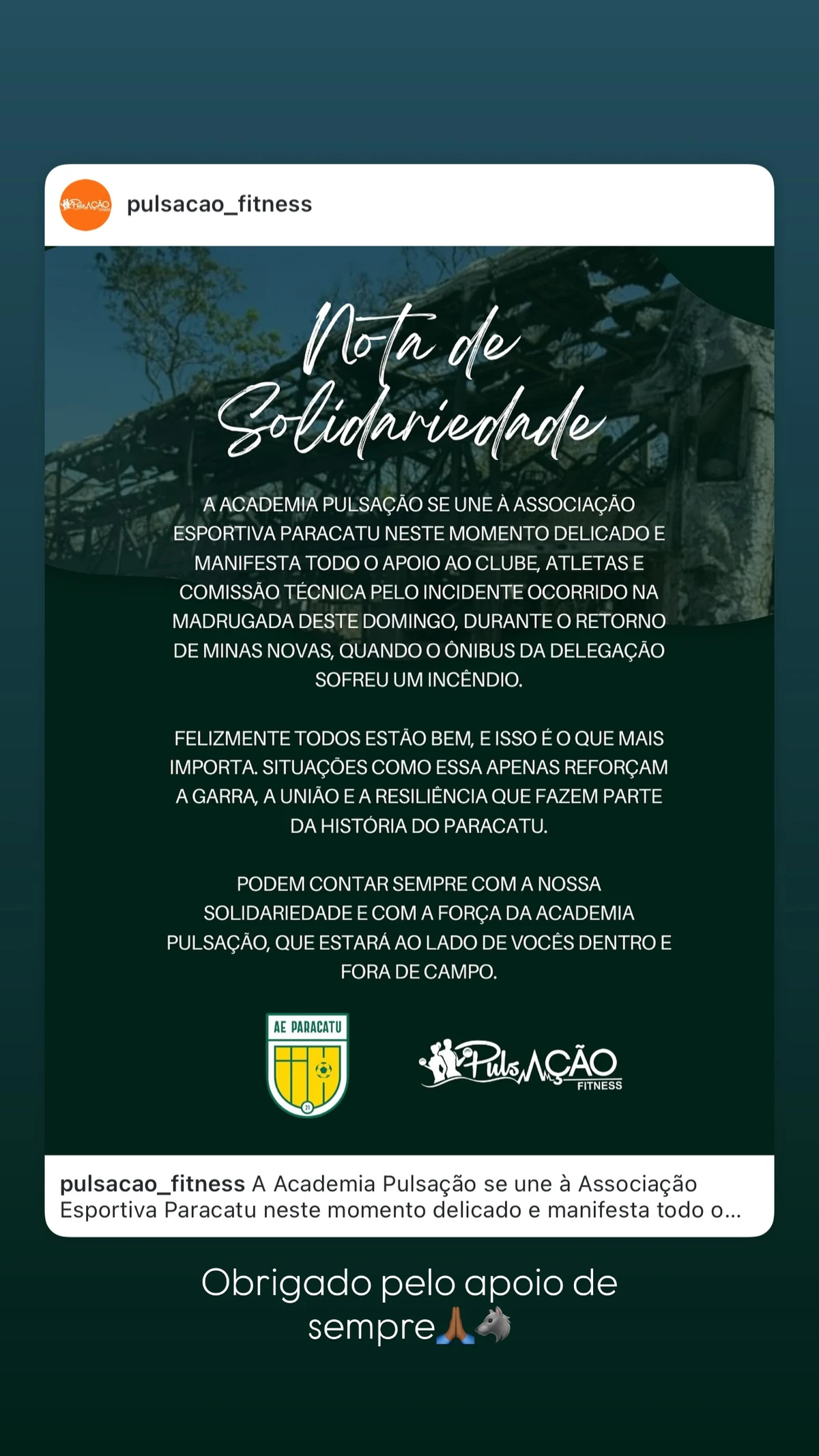 Instituições prestaram solidariedade à Associação Esportiva Paracatu por Reprodução/ Redes sociais
