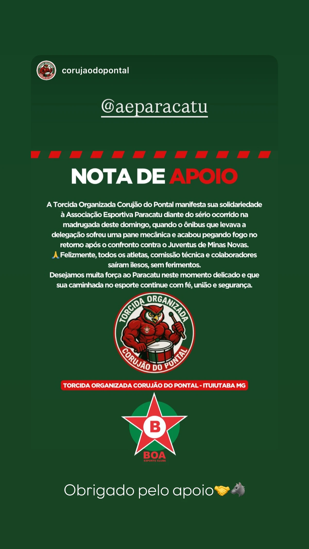 Outros times e torcidas prestaram solidariedade à Associação Esportiva Paracatu por Reprodução/ Redes sociais