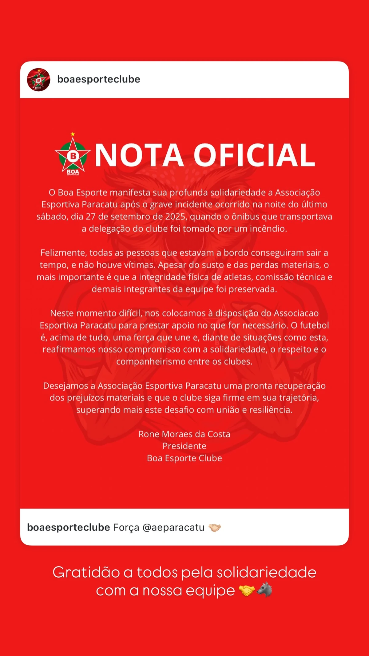 Outros times e torcidas prestaram solidariedade à Associação Esportiva Paracatu por Reprodução/ Redes sociais