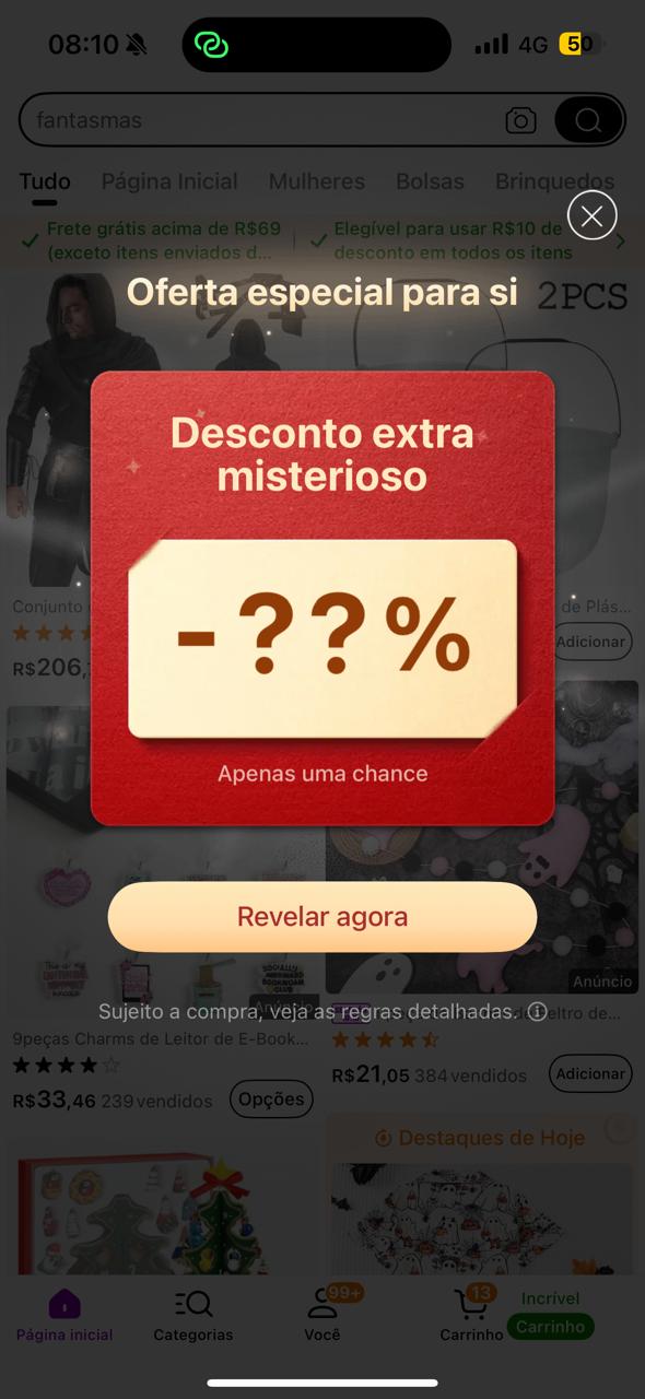 A Temu oferece também descontos e itens grátis quando a pessoa faz uma compra, mas são brindes condicionais por Reprodução