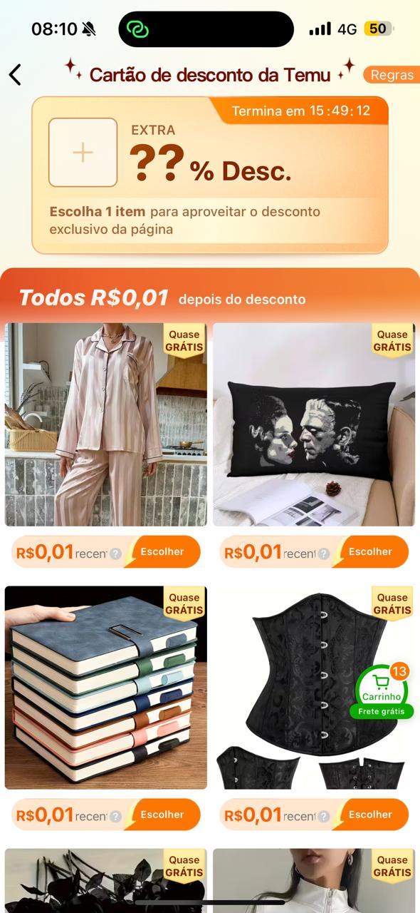 A Temu oferece também descontos e itens grátis quando a pessoa faz uma compra, mas são brindes condicionais por Reproduçãp