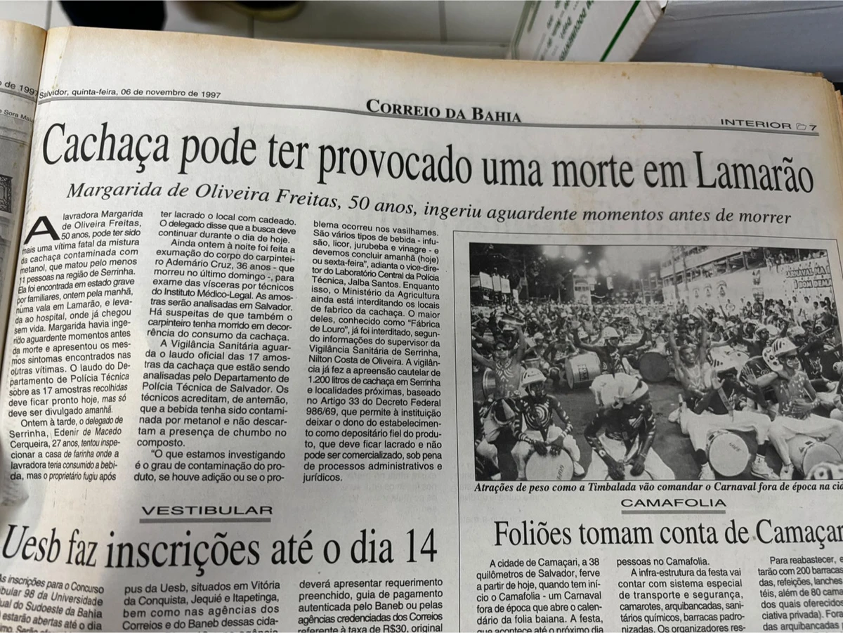 Em 1990, CORREIO noticiou mortes por ingestão de metanol na Bahia  por Arquivo/CORREIO
