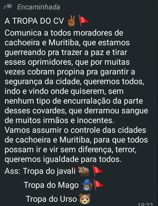 Comando Vermelho diz que vai tomar Cachoeira e Muritiba