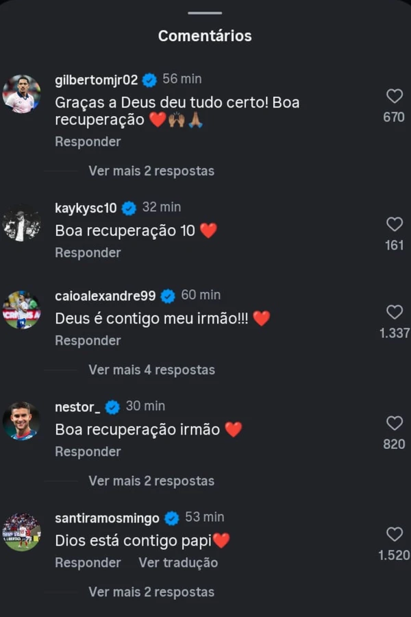 Comentários dos jogadores do Bahia na postagem de Everton Ribeiro