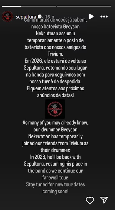 Comunicado do Sepultura a respeito da ida de seu baterista, Greyson Nekrutman, à banda Trivium por Reprodução/Redes Sociais 