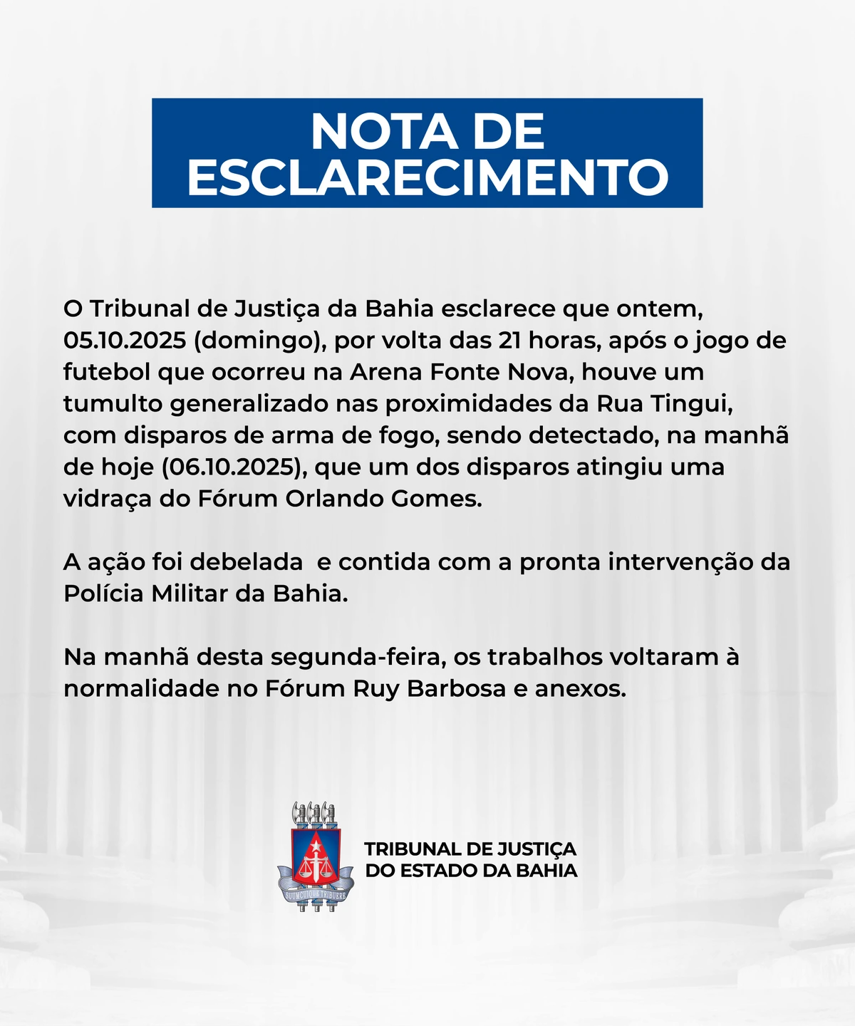 Nota de esclarecimento do TJ-BA por Divulgação