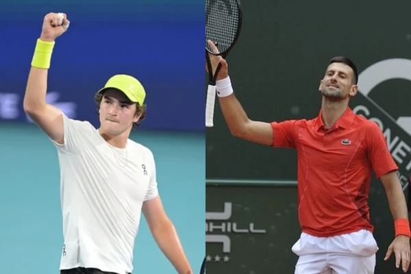 João Fonseca e Novak Djokovic 