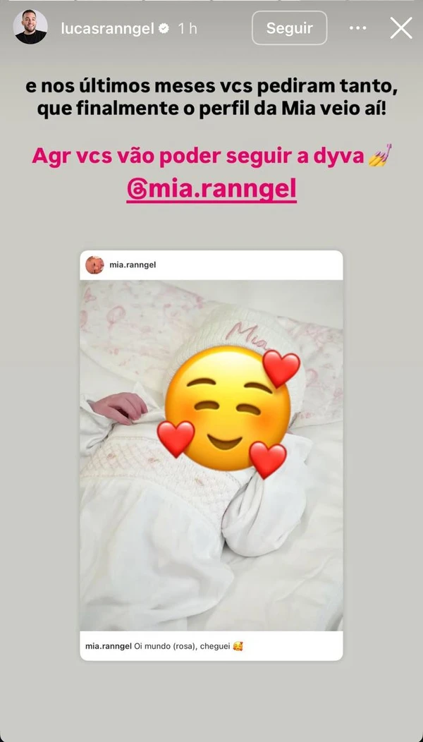 Com dois dias de vida, Mia Rangel já tem perfil no Instagram