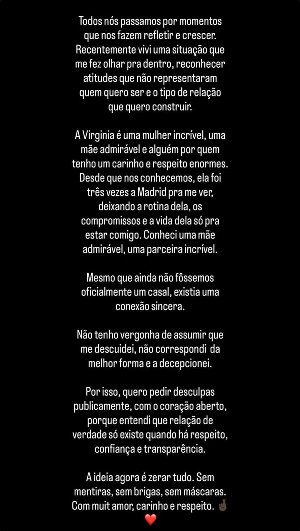 Pronunciamento de Vini Jr. sobre relação com Virginia por Reprodução