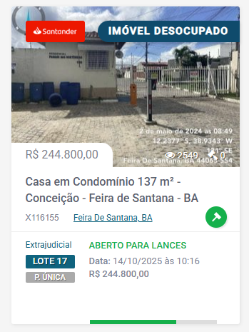 Imóveis disponíveis do leião do Santander na Bahia por Divulgação